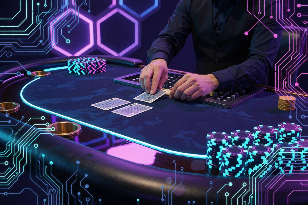 St&oacute;ł live casino, krupier w ciemnej kamizelce rozdaje karty obok żeton&oacute;w w neonowym świetle - blackjack i bakarat